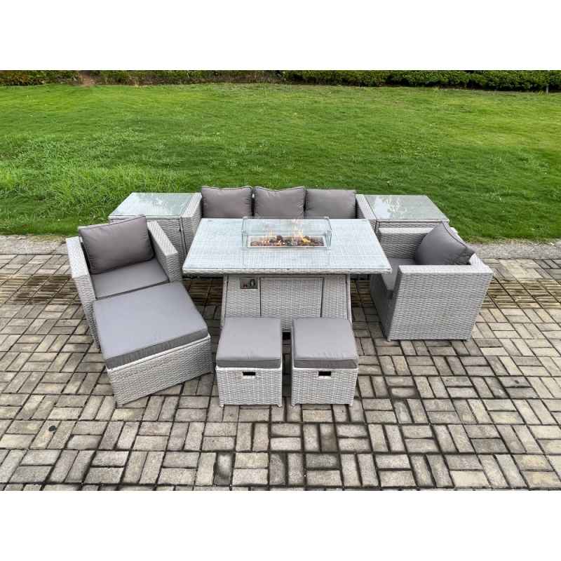 Fimous Outdoor Garden Dining Sets Rattan Furniture Gas Fire Pit Dining Table With 2 Armchairs 2 Side Tables 3 Footstools Light Grey
