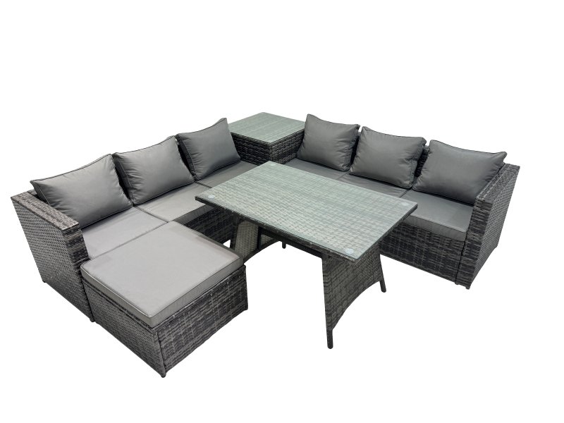 Fimous Outdoor Corner Sofa Dining Table Set Garden Rattan Furniture Set 7 Seater with Side Table Big Stool Dark Grey