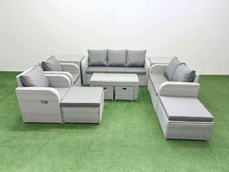 Fimous PE Wicker Rattan Furniture Sets with Oblong Coffee Table Love Sofa Reclining Chair 3 Seater Sofa 4 Stools 2 Side Tables Light Grey Mixed
