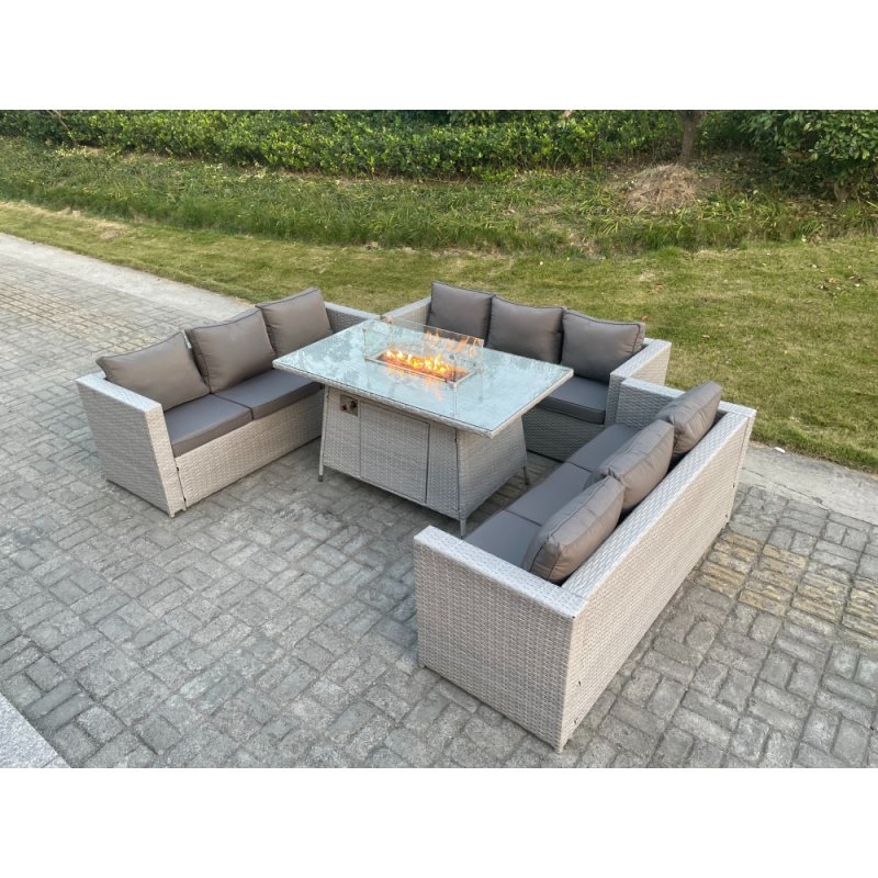 Fimous Light Grey U Shape Lounge Sofa Dining Set With Gas Fire Pit Dining Table Garden Furniture Set Heater Burner