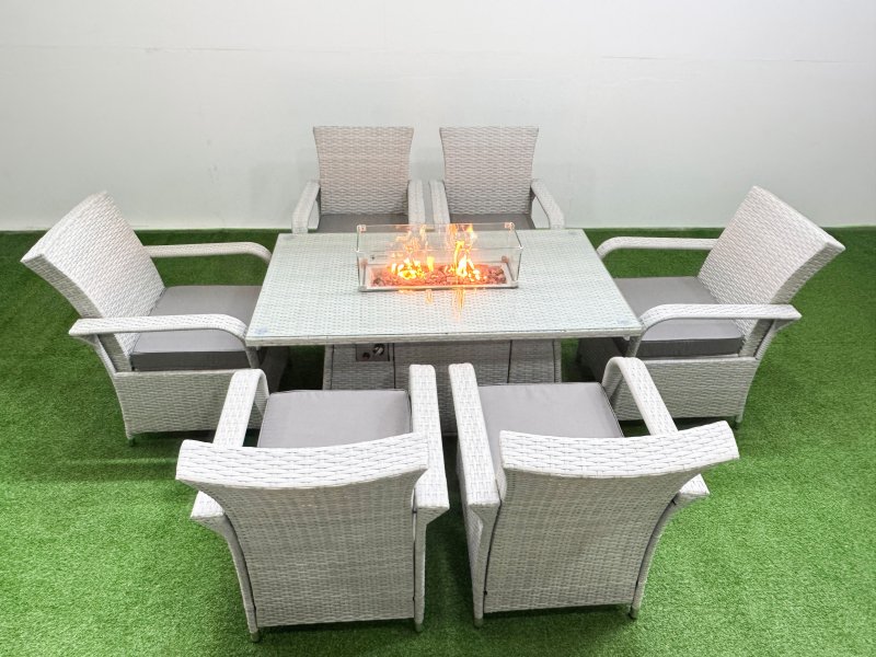 Fimous Outdoor Rattan Garden Furniture Set Patio 6 Chairs Plus Gas Fire Pit Table Sets Light Grey Mixed