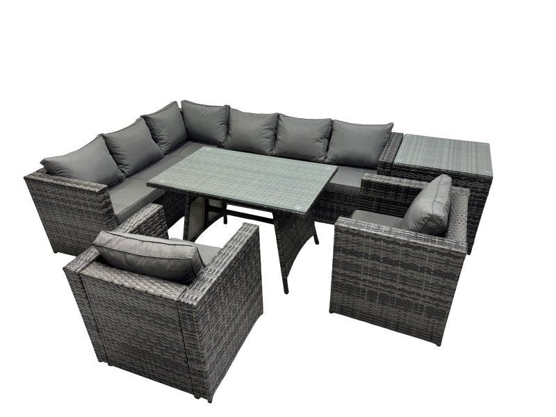 Fimous 8-seater Outdoor PE Rattan Sofa Set with Dining Table Patio Garden Furniture Sets with 2 Chair Side Table Dark Grey Mixed