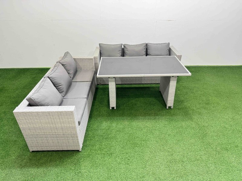 Fimous Rattan Garden Furniture Dining Set 6-seater Patio Rectangular Table Sofa Set Light Grey