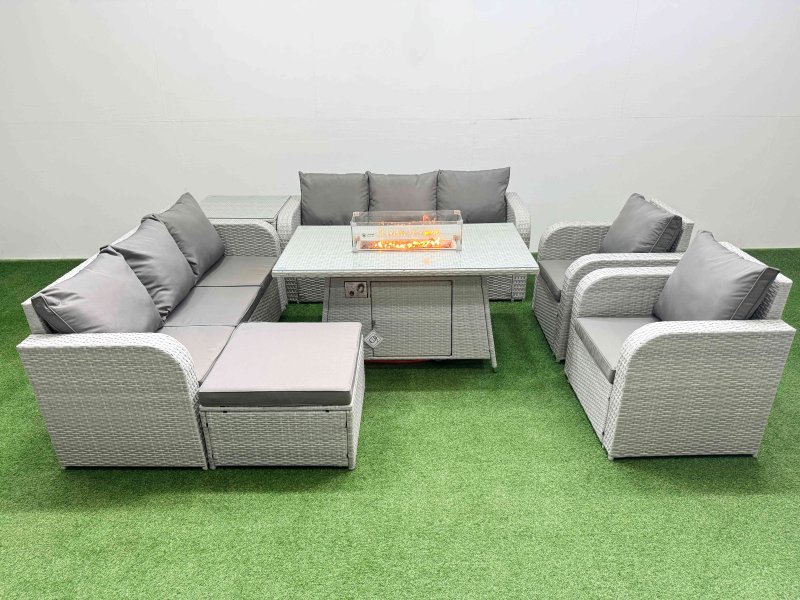 Fimous PE Rattan High Back Lounge Sofa Set Patio Firepit Dining Table & Chairs Set with 3 Seater Sofa Reclining Chair Big Footstool Side Table Light Grey