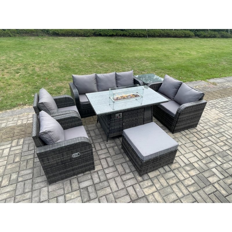 Fimous PE Wicker Outdoor Rattan Garden Furniture Set Propane Gas Fire Pit Table and Sofa Chair set with Side Table Big Footstool