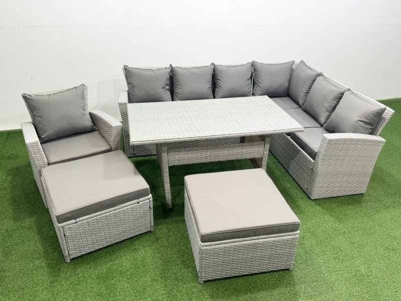 Fimous Rattan Garden Furniture Set Outdoor 9 Seater Patio Dining Corner Sofa Sets with Dining Table Chair 2 Big Footstools Light Grey Mixed