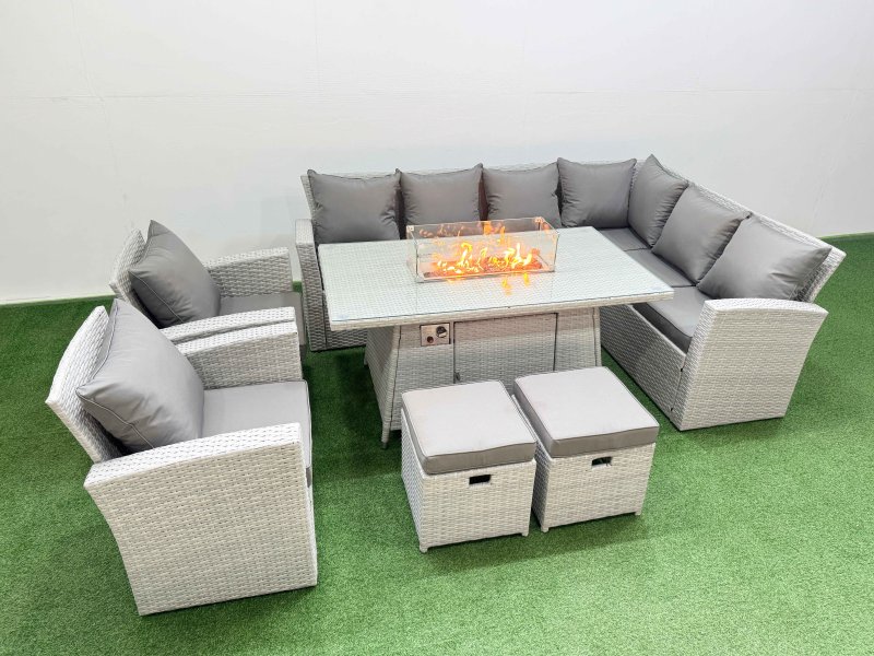 Fimous Rattan Corner Sofa Chair Set Outdoor Furniture Garden Dining Set Gas Fire Pit Table with Temper Glass 2 Footstools Light Grey Mixed