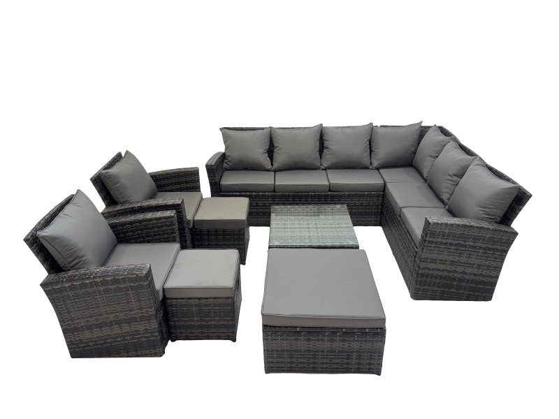 Fimous Rattan Garden Outdoor Furniture Set 11 Seater Garden Sofa Coffee Table Set with 2 Chairs 3 Footstools Dark Grey Mixed