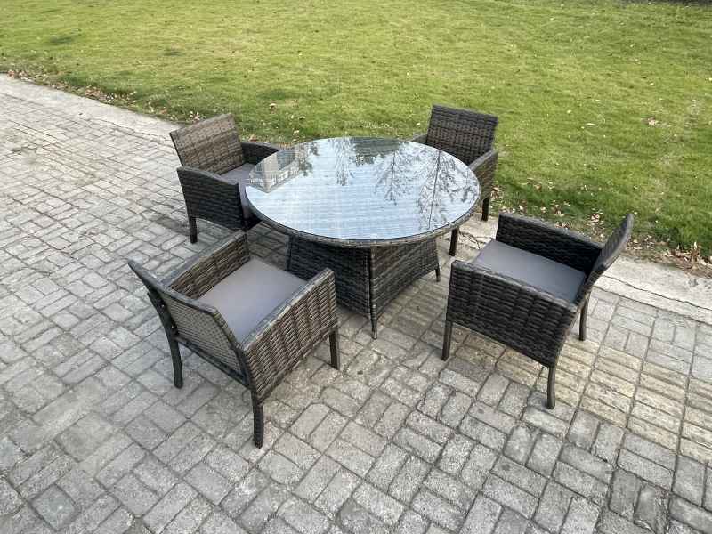 Fimous Wicker PE Outdoor Rattan Garden Furniture Arm Chair And Table Dining Sets 4 Seater Medium Round Table Dark Grey Mixed
