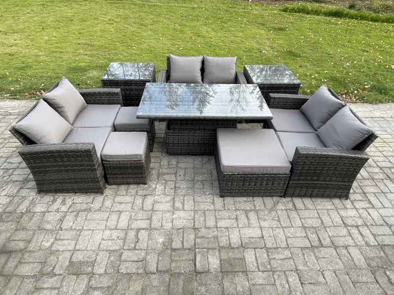 Fimous Wicker PE Rattan Garden Furniture Set Height Adjustable Rising Lifting Table Sofa Dining Set with Double Seat Sofa 3 Footstools 2 Side Tables Dark Grey Mixed