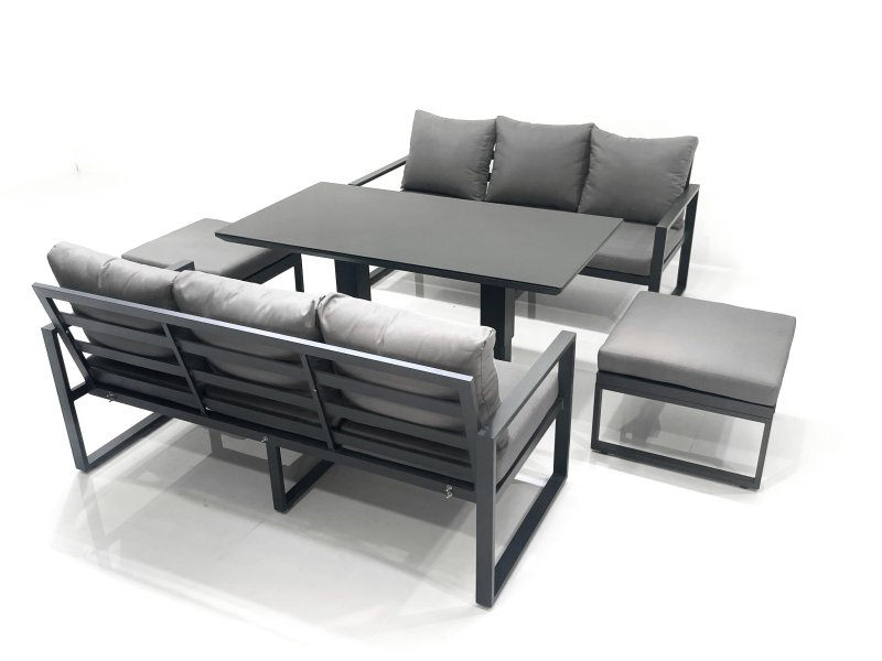 Fimous 8 Seater Aluminium Outdoor Garden Furniture Set with Adjustable Rising Lifting Dining Table 3 Seater Sofa 2 Big Footstool Dark Grey