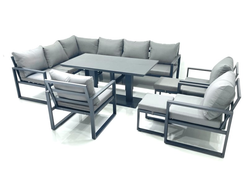 Fimous Aluminum Outdoor Garden Furniture Set Corner Sofa 3 Chair 2 Small Footstool Adjustable Rising Lifting Dining Table Sets Dark Grey