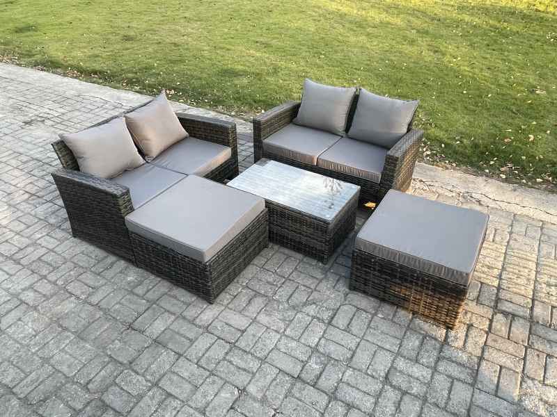 Fimous Wicker Rattan Garden Furniture Sofa Set with Rectangular Coffee Table Double Seat Sofa 2 Big Footstool 6 Seater Outdoor Rattan Set Dark Grey Mixed