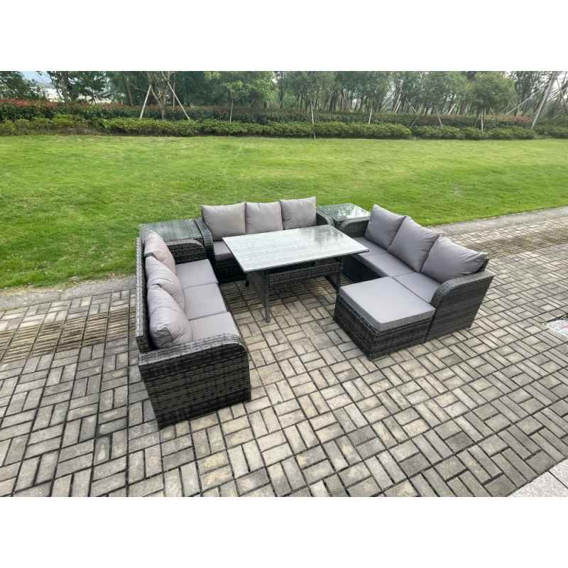 Fimous Patio Rattan Garden Furniture Set with Oblong Rectangular Dining Table Big Footstool 2 Side Tables 10 Seater Outdoor Lounge Sofa Set Dark Grey Mixed