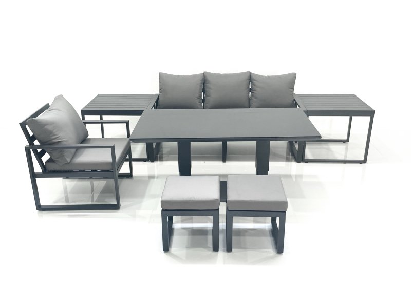 Fimous 6 Seater Garden Sofa Set Aluminium Furniture Rising Dining Tabe Set with Chair 2 Side Table 2 Small Footstools Dark Grey