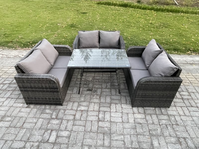 Fimous Rattan Garden Furniture Set 6 Seater Patio Outdoor Love Sofa Set with Rectangular Dining Table Dark Grey Mixed