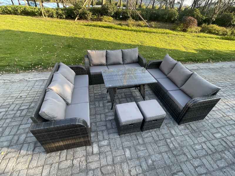 Fimous 11 Seater Wicker Rattan Garden Furniture Set with Rectangular Dining Table 2 Small Footstools Patio Outdoor Lounge Sofa Set