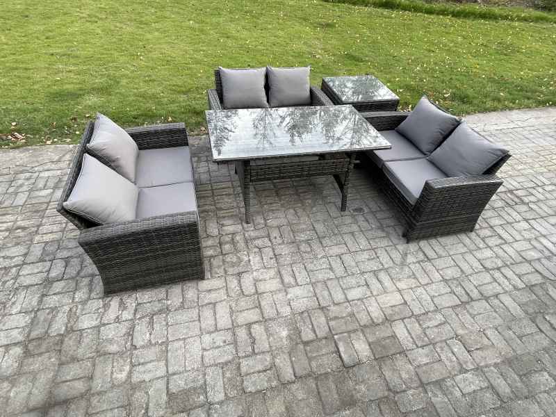 Fimous 6 Seater Rattan Wicker Garden Furniture Patio Conservatory Sofa Set Indoor Outdoor with Dining Table Double Seat Sofa Side Table