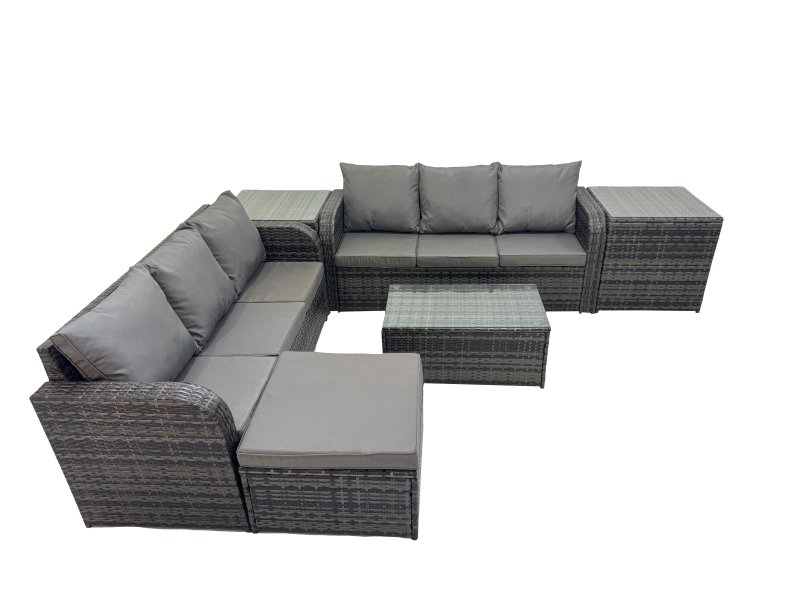 Fimous Outdoor 3 Seater Sofa Coffee Table Set Garden Rattan Furniture Set 7 Seater with Big Stool 2 Side Tables Dark Grey