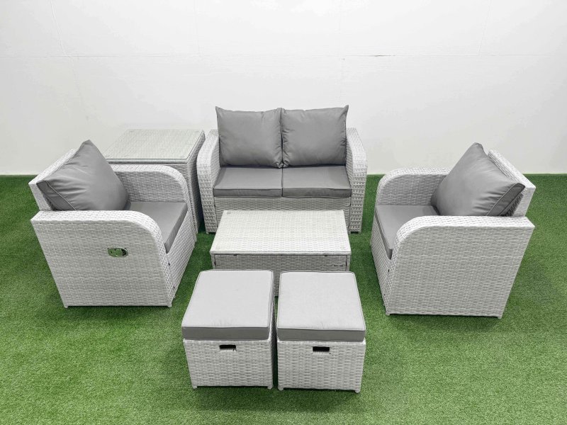 Fimous Light Grey PE Wicker Rattan Garden Furniture Set Sofa Set Reclining Adjustable Chair Rectangular Coffee Table 6 Seater 2 Small Stools Side Table