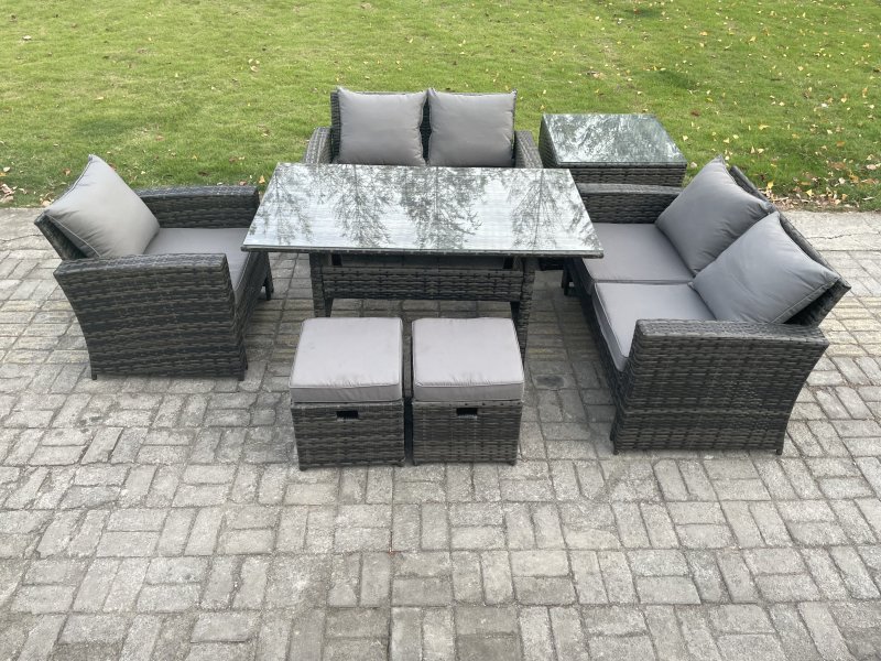 Fimous Wicker Rattan Garden Dining Set Outdoor Furniture Sofa with Dining Table Double Seat Sofa Side Table 2 Small Footstools Dark Grey Mixed