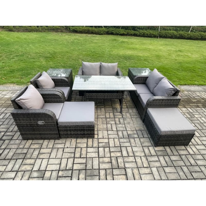 Fimous Outdoor Rattan Garden Furniture 9 piece Grey Patio Furniture Set 8 Seater Lounge Sofa Set with Rectangular Table Reclining Chairs 2 Big Stools 2 Side Tables