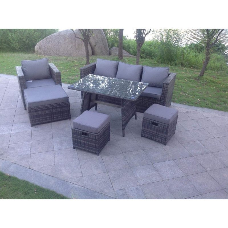 Fimous 7 Seater Grey Lounge Rattan Sofa Set Dining Table Chair Foot Rest Garden Furniture Outdoor