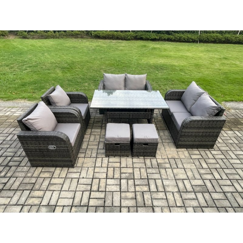 Fimous 8 Seater Lounge Rattan Sofa Set Outdoor Garden Furniture Oblong Rectangular Dining Table With Chairs 2 Small Footstools Dark Grey Mixed