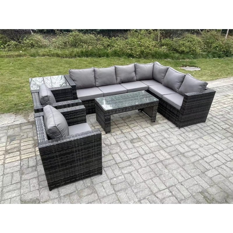 Fimous 8 Seater Rattan Corner Sofa Lounge Sofa Set With Rectangular Coffee Table Side Table 2 Arm Chair Dark Grey Mixed Right Hand