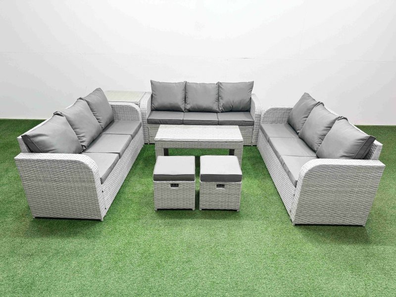 Fimous PE Rattan Lounge Sofa Set 11 Seater Outdoor Garden Furniture Set with Oblong Coffee Table 3 Seater Sofa 2 Stools Side Table Light Grey