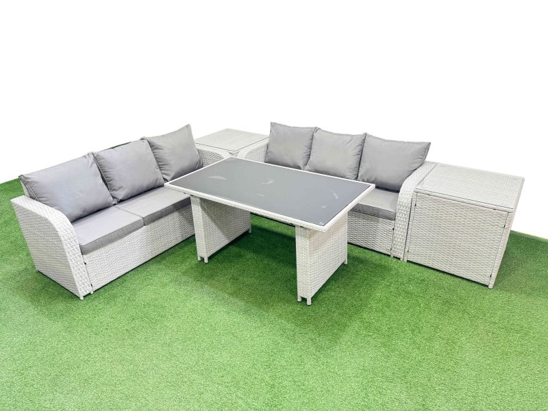 Fimous 6 Seater Rattan Outdoor Dining Table 3 Seater Sofa Set with 2 Side Tables Light Grey