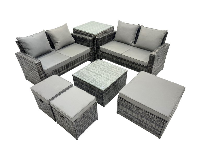 Fimous PE Rattan Garden Furniture Set Lounge Double Seat Sofa Coffee Table Set with Side Table 3 Stools Dark Grey Mixed