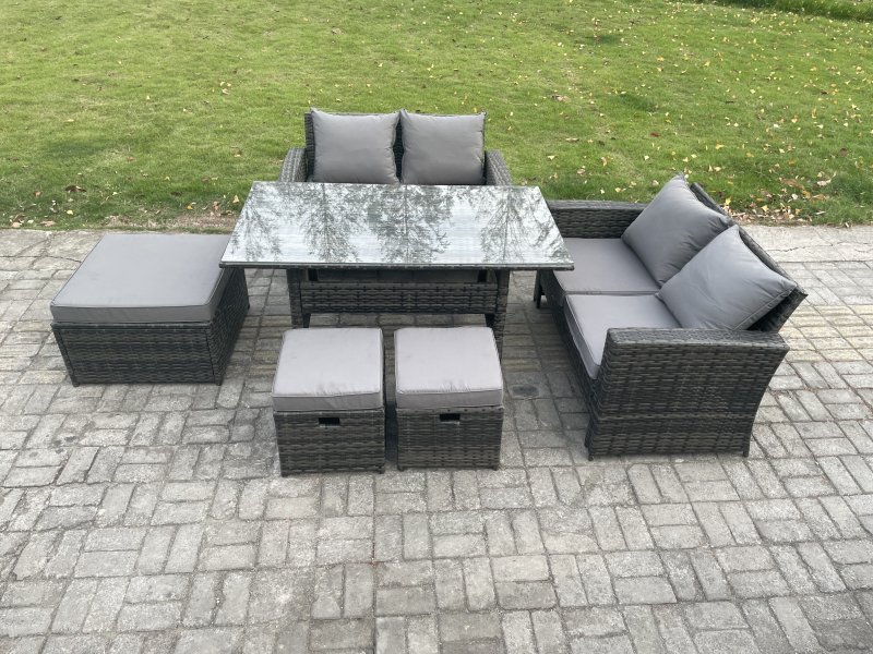 Fimous 7 Seater High Back Outdoor Garden Furniture Rattan Sofa Dining Table Set with 3 Footstools Dark Grey Mixed