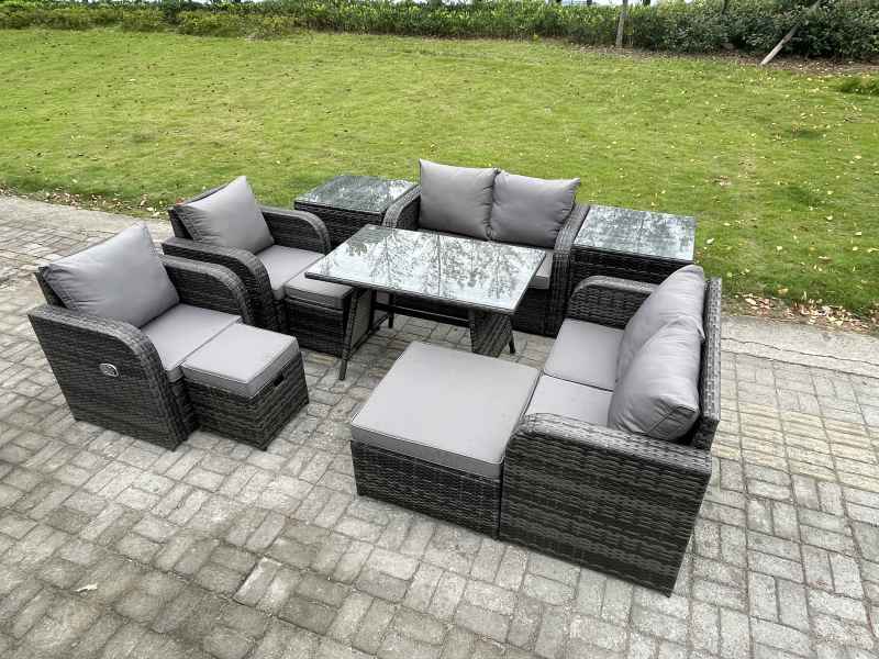 Fimous 9 Seater Wicker PE Rattan Garden Dining Set Outdoor Furniture Sofa with Rectangular Dining Table 2 Side Tables 3 Footstools Dark Grey Mixed