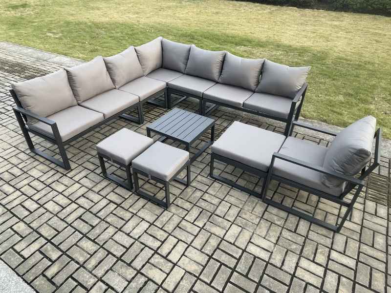 Fimous Aluminium Outdoor Garden Furniture Set Lounge Corner Sofa Square Coffee Table Chair Sets with 3 Footstools Dark Grey