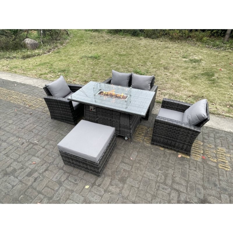 Fimous Rattan Outdoor Furniture Gas Fire Pit Rectangle Dining Table Gas Heater Chairs Two Seater Love Sofa Sets Big Footstools 5 Seater