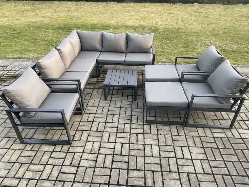 Fimous 10 Seater Outdoor Aluminium Garden Furniture Set Corner Lounge Sofa Set with Square Coffee Table Chair 2 Big Footstools Dark Grey