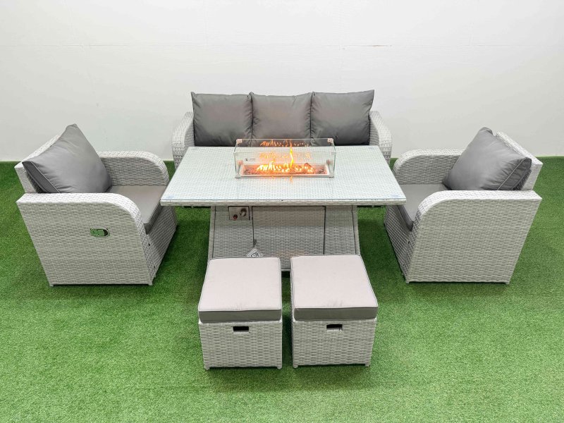 Fimous PE Rattan Garden Furniture Set Reclining Chair Sofa Lounge Sofa Set Firepit Dining Table 2 Small Stools Light Grey