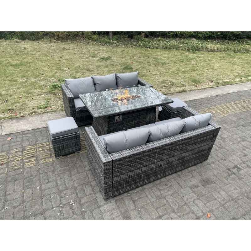 Fimous Outdoor PE Rattan Garden Furniture Gas Fire Pit Dining Table Lounge Sofa 2 PC Footstools Dark Grey Mixed Patio