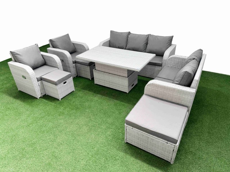 Fimous PE Rattan Garden Furniture Set Reclining Chair Sofa Double Love Seat 2 Seater Sofa Lounge Set Adjustable Lifting Dining or Coffee Table 3 Stools Light Grey
