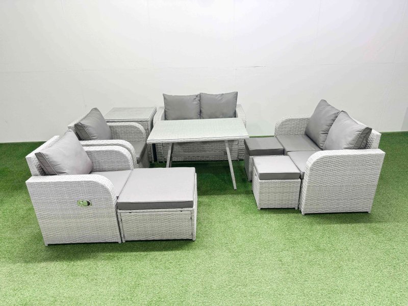 Fimous 9 Seater Rattan Garden Furniture Set Outdoor Love Sofa Set with Rectangular Dining Table Side Table 3 Footstools Light Grey