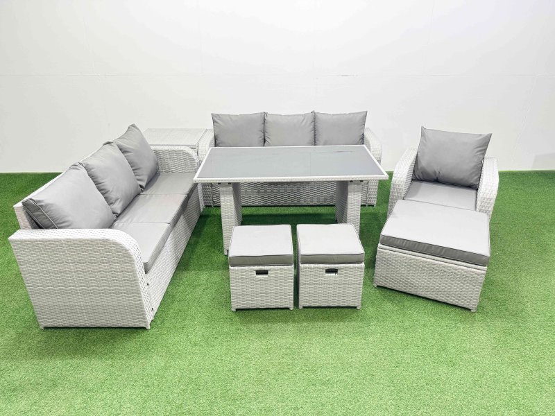 Fimous Rattan Garden Furniture Dining Set 10-seater Patio Rectangular Table Sofa Set with Side Table 3 Stools Light Grey