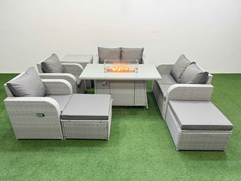 Fimous 8 Seater Outdoor Reclining Chair Love Sofa Set Rattan Garden Furniture Set with Firepit Dining Table 2 Big FootStools Side Table Light Grey