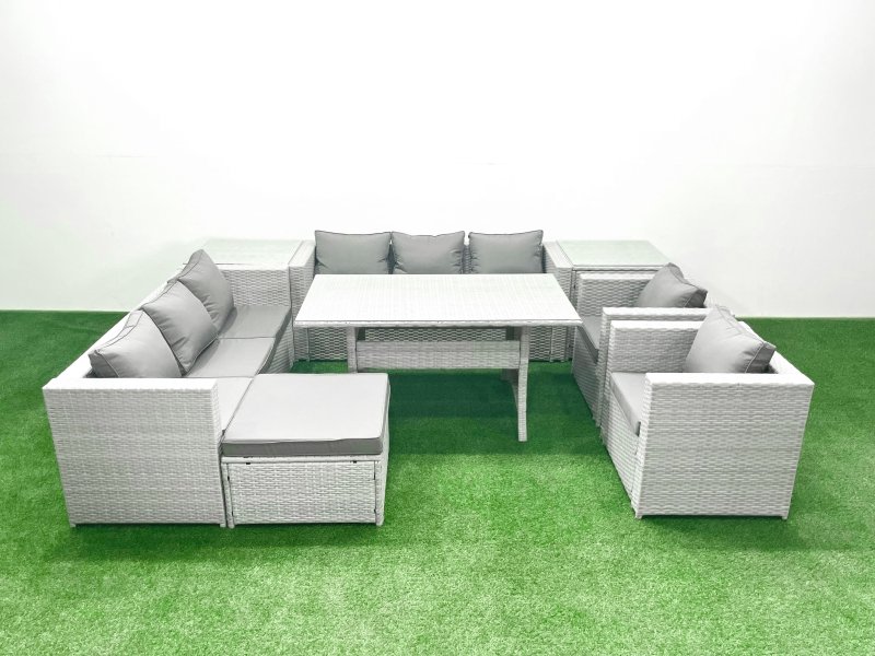 Fimous Rattan Garden Furniture Set Outdoor 8 Seater Patio Dinin g Sofa Sets with Dining Table 2 Chairs 2 Side Tables Big Footstool Light Grey Mixed