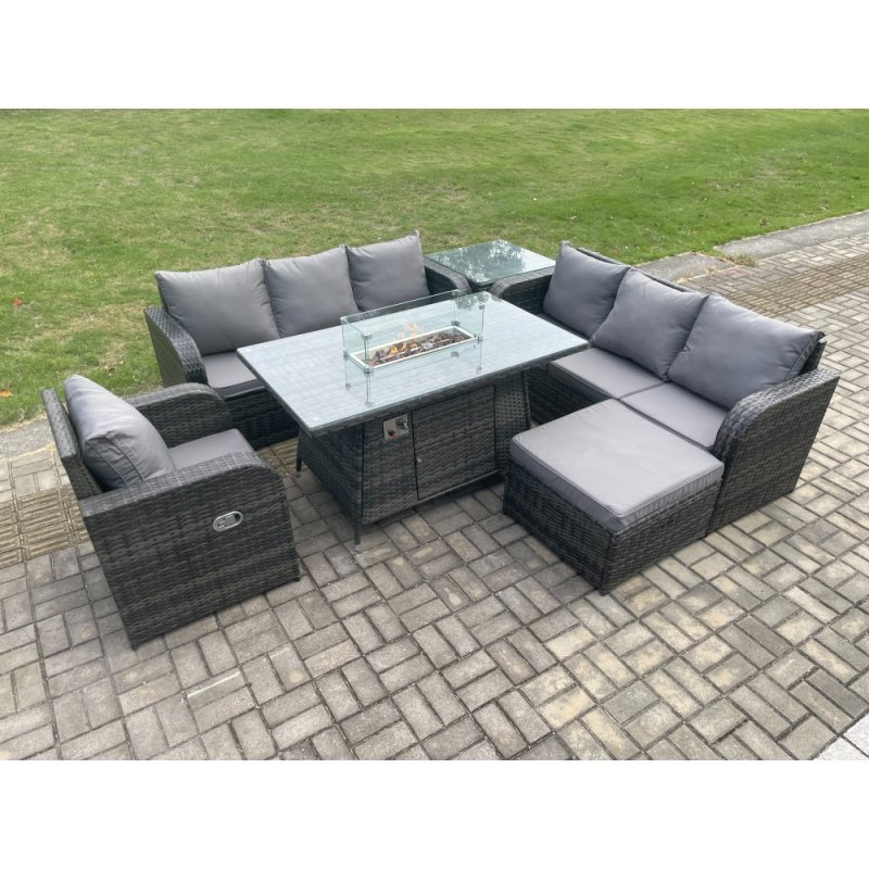 Fimous Rattan Outdoor Furniture Gas Fire Pit Rectangle Dining Table Gas Heater Reclining Chair 3 Seater Sofa Sets with Big Footstool Side Table 8 Seater