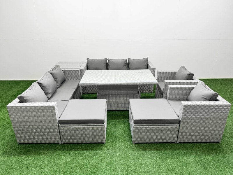Fimous 8 PCs Rising Dining Table Set Rattan Furniture Set with 3 Seater Sofa Chair 2 Big Footstools Side Table Light Grey