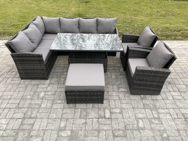 Fimous Outdoor Garden Furniture Set Wicker PE Rattan Height Adjustable Rising Lifting Table Sofa Dining Set with Big Footstool 2 Armchairs Dark Grey Mixed