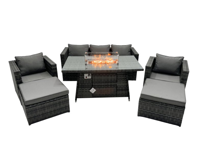 Fimous Rattan Garden Furniture Firepit Dining Set 7 Seater Lounge Sofa Table Set with 2 big Footstool
