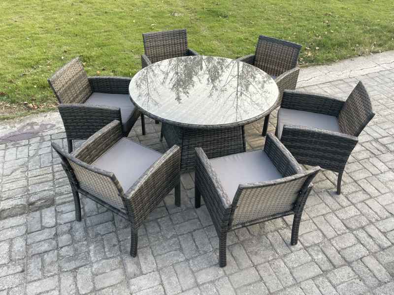 Fimous Wicker PE Outdoor Rattan Garden Furniture Arm Chair And Table Dining Sets 6 Seater Large Round Table Dark Grey Mixed