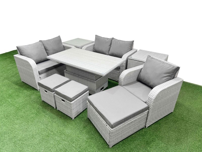 Fimous High Back Poly Rattan Garden Furniture Set with Reclining Chair Loveseat Sofa Adjustable Lifting Dining or Coffee Table Indoor Outdoor Patio Set 3 Stools 2 Side Table Light Grey